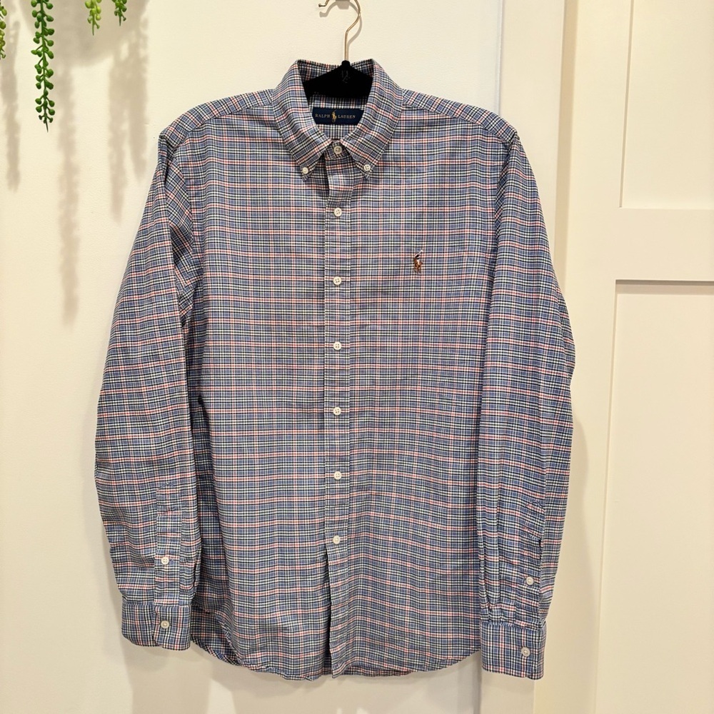 Ralph Lauren Mens Blue Checkered Plaid Button Down Colored Pony Size Medium